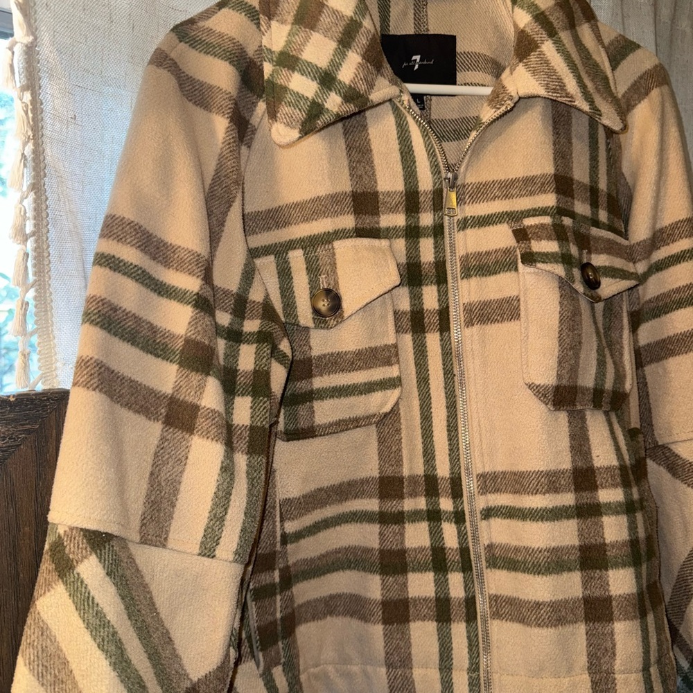 7 For All Mankind Green and Cream Plaid Utility Jacket. Thick wool like.